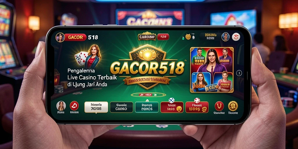 Screenshot dari gameplay GACOR518 dengan dealer langsung dan suasana kasino.