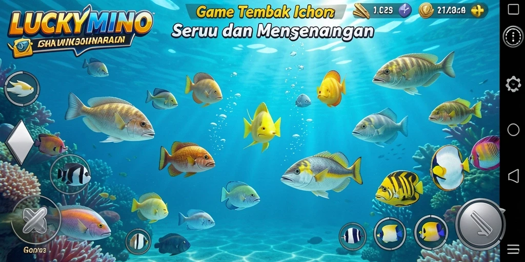 Tampilan gameplay menarik dari <strong>LUCKYMINO</strong> dalam menembak ikan.