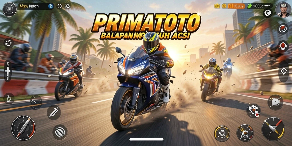 Tampilan gameplay <strong>PRIMATOTO</strong> dalam balapan motor yang menegangkan.